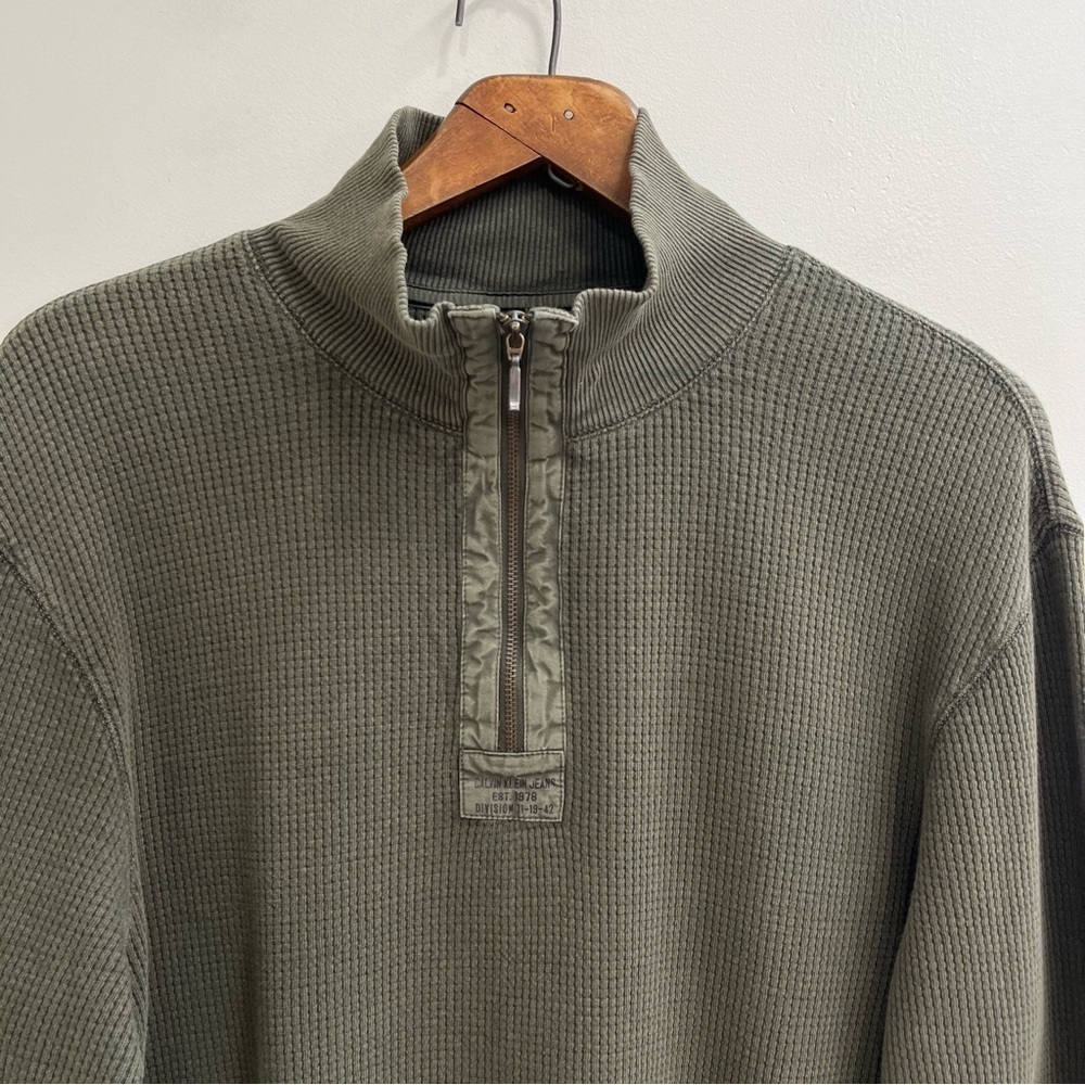 Calvin Klein quarter zip thermal henley shirt olive army green 100% cotton large - Picture 2 of 8